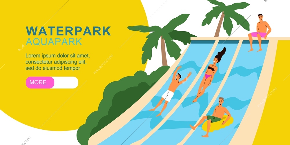 Aquapark flat horizontal banner with people getting fun on water slides vector illustration