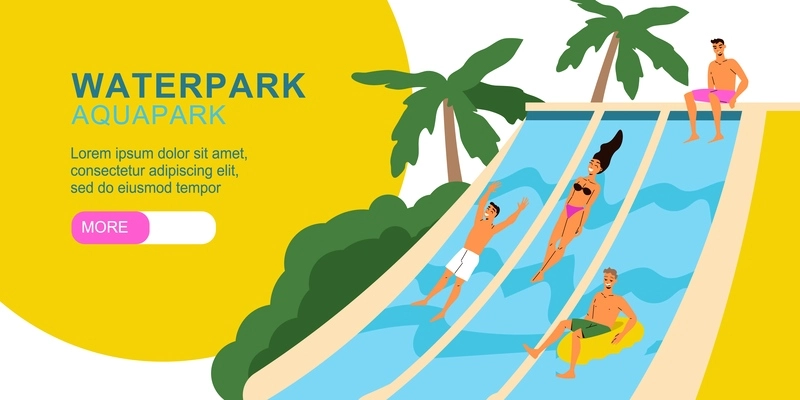 Aquapark flat horizontal banner with people getting fun on water slides vector illustration