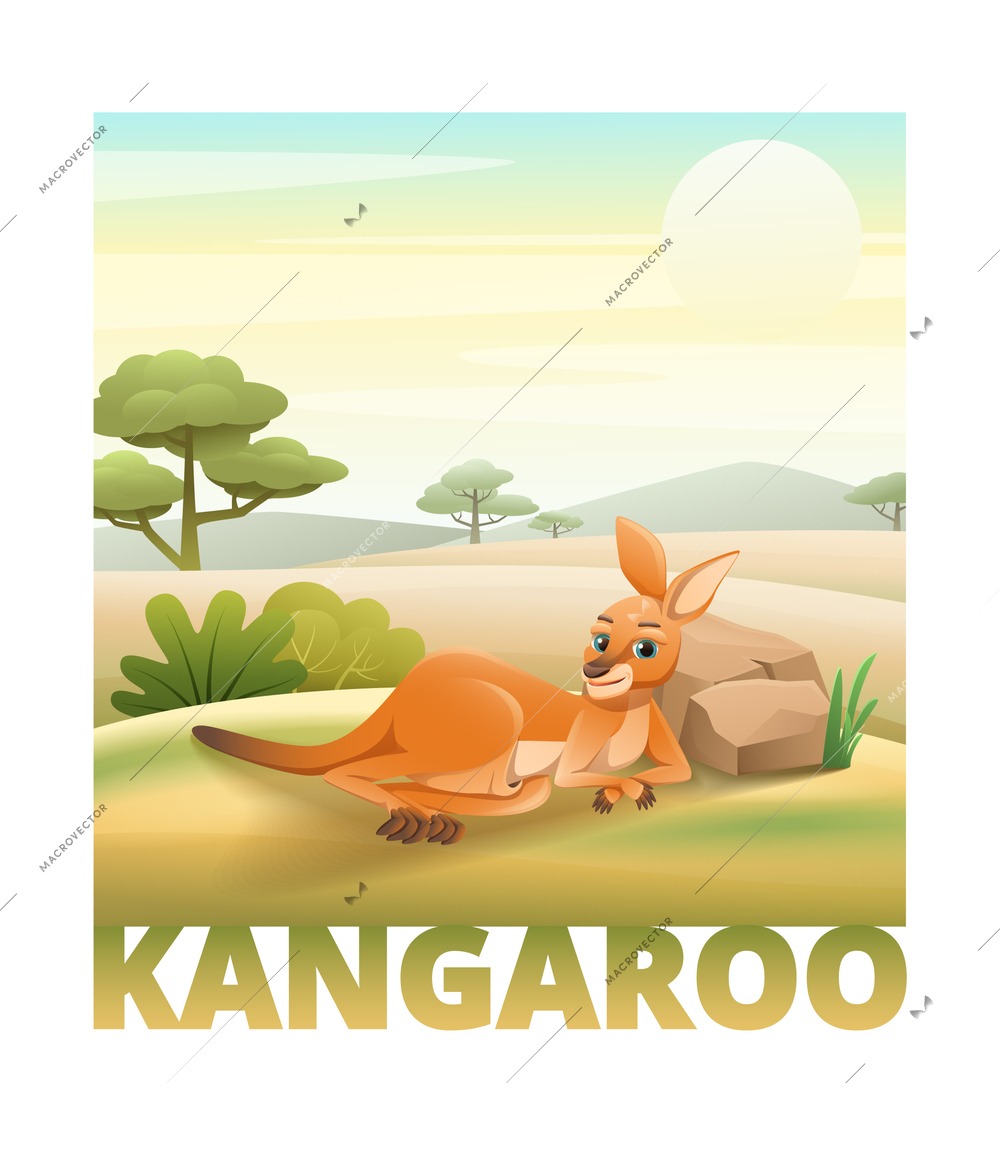 Cute kangaroo having rest lying on green plain cartoon vector illustration
