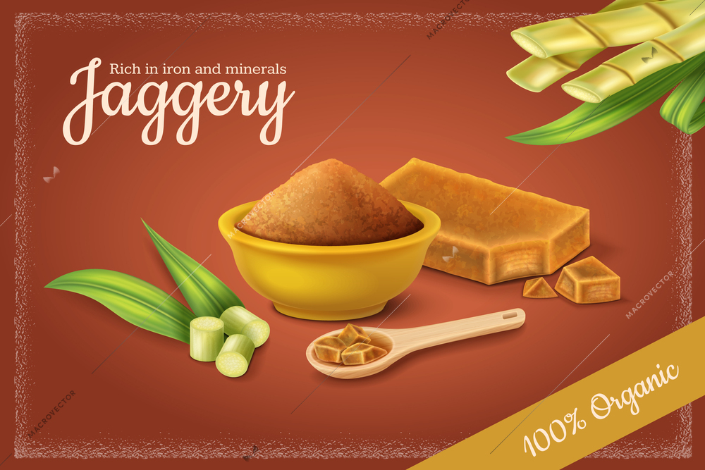 Jaggery natural healthy sweetener realistic background with sugar cane powder and blocks vector illustration
