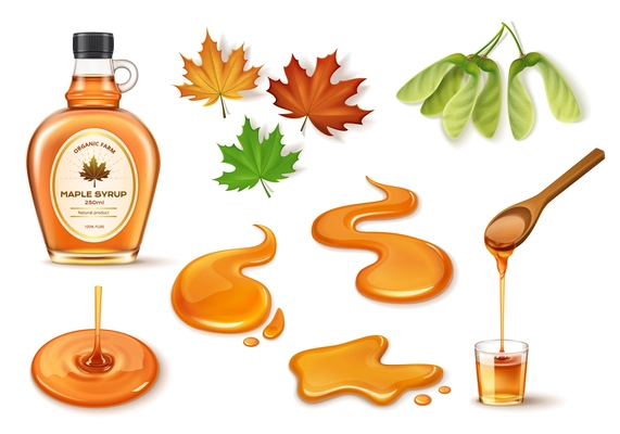 Realistic maple syrup set with bottle drops leaves seeds and wooden spoon isolated vector illustration