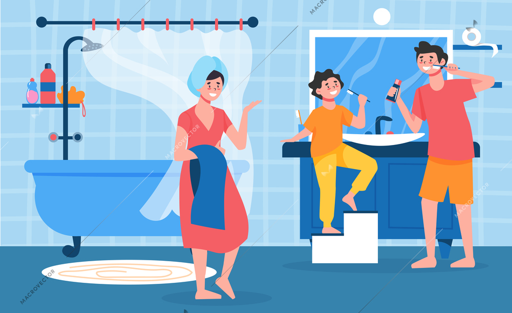 Family routine composition with view of bathroom with doodle characters of parents and son brushing teeth vector illustration