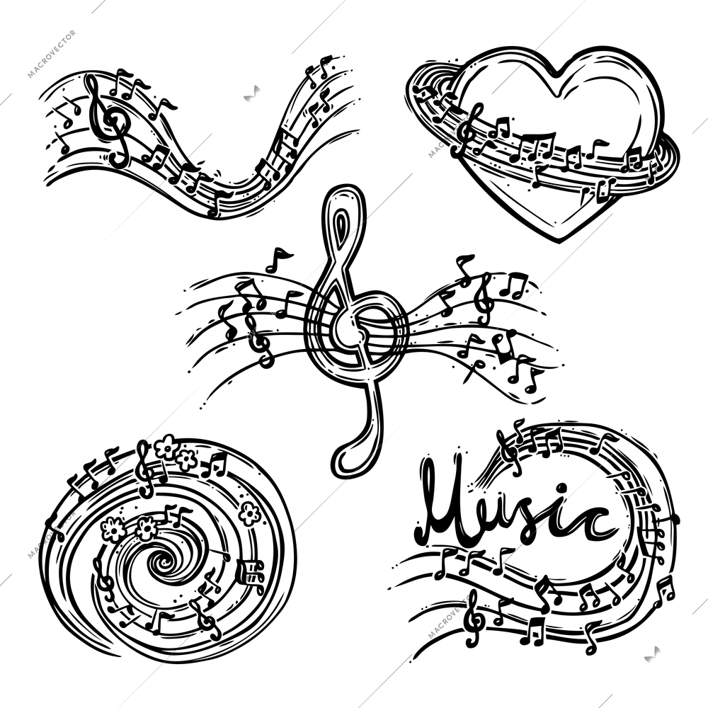 Music abstract decorative sketch icons set with treble clef and notes isolated vector illustration