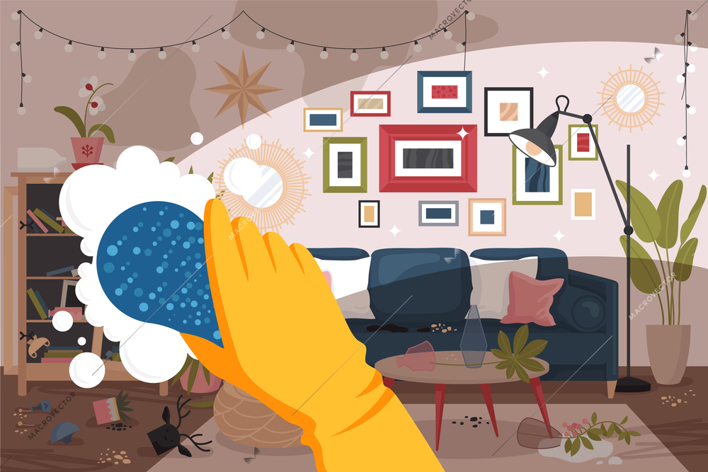 Living room interior composition with human hand wearing rubber glove holding sponge cleaning up room picture vector illustration