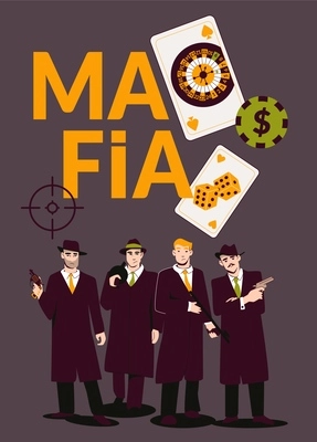 Mafia flat poster with group of men holding weapon and casino icons vector illustration