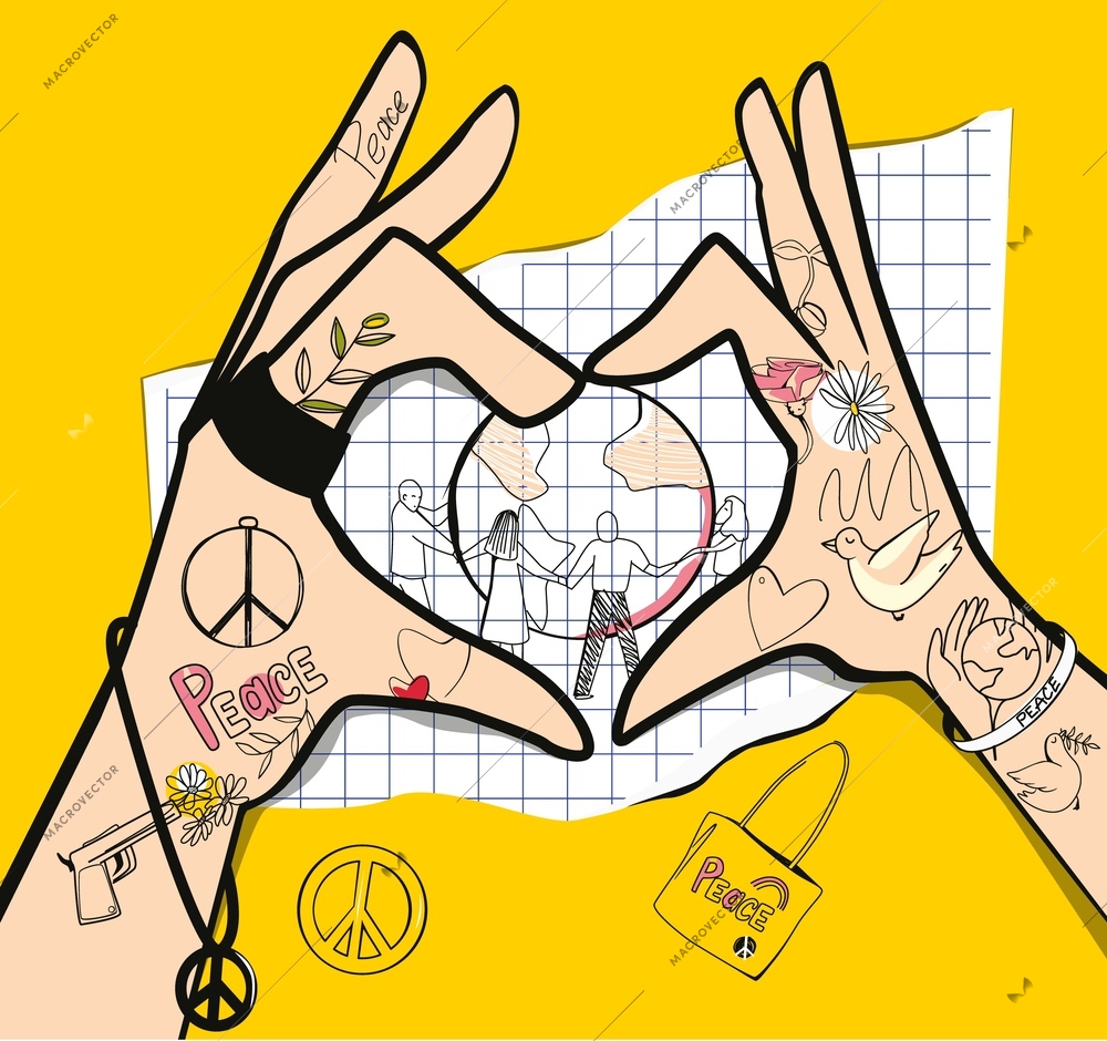 Peace flat hand drawn background with human hands making heart sign vector illustration
