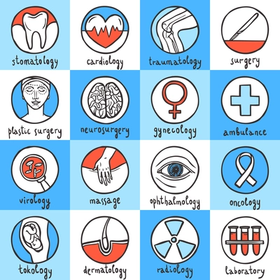 Medical sketch icon set with stomatology cardiology traumatology surgery isolated vector illustration