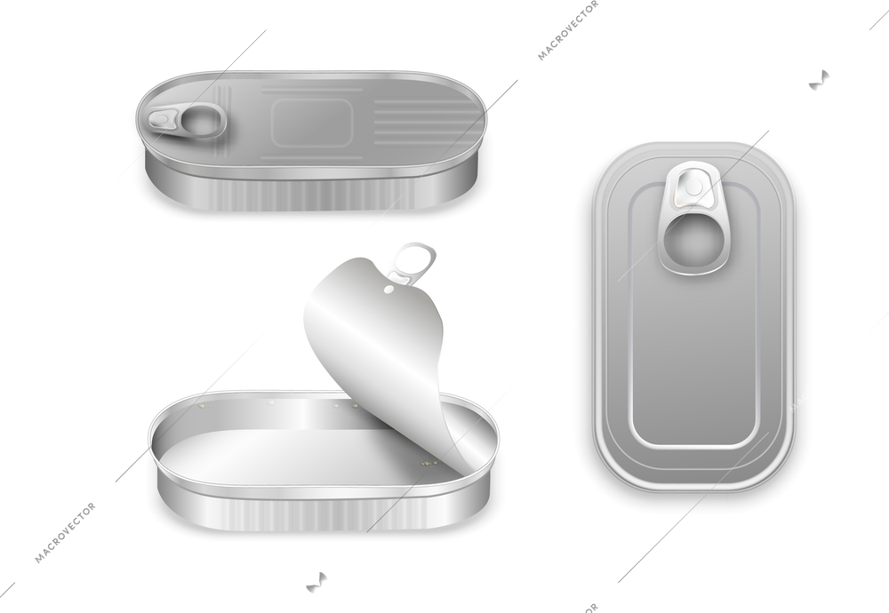 Aluminium tin can set of realistic open and closed containers with pull ring isolated vector illustration