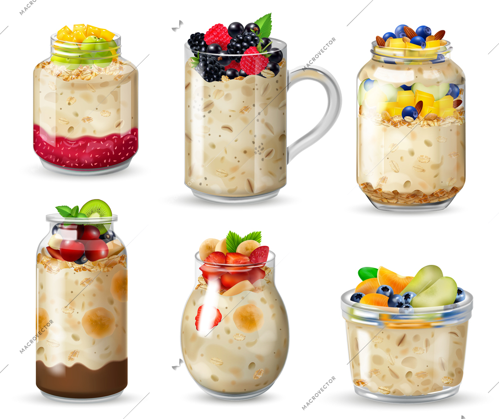 Six colored and realistic overnight oats icon set in jars glasses cremains vector illustration