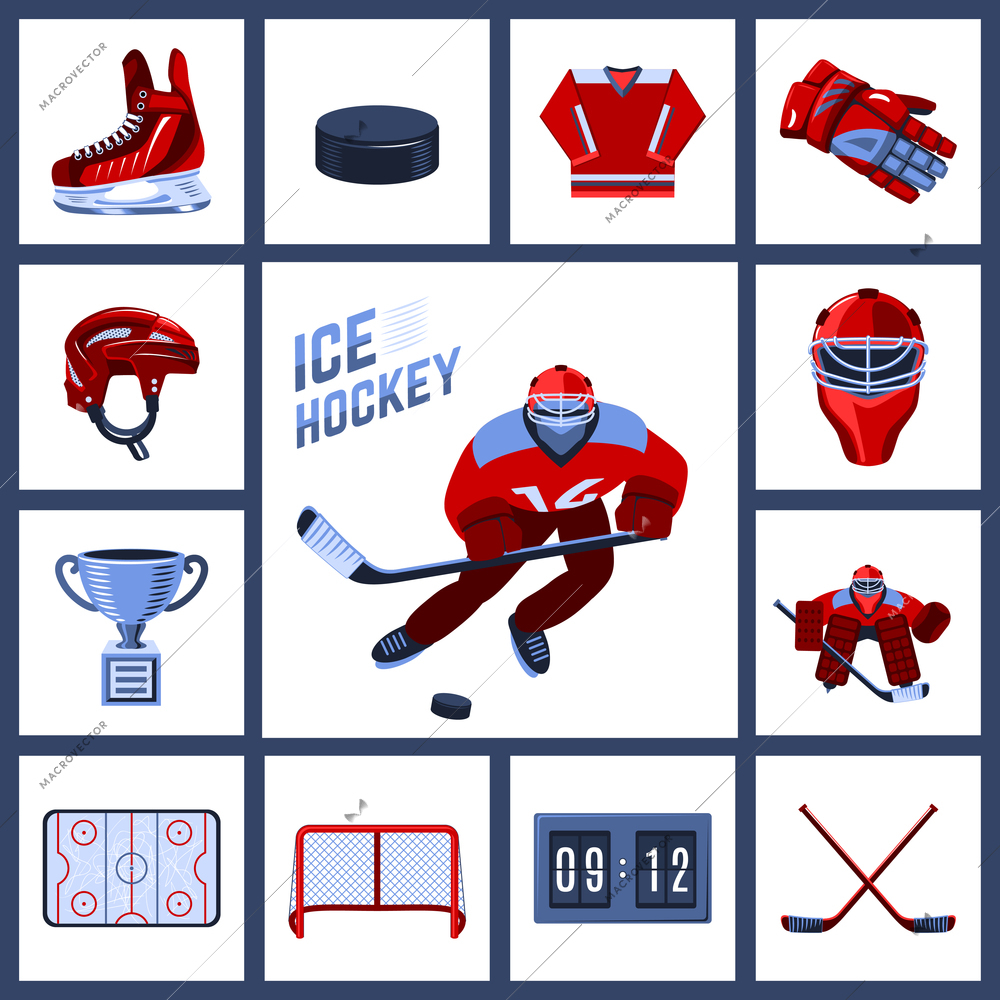 Ice hockey icon set with sport uniform protective outfit isolated vector illustration