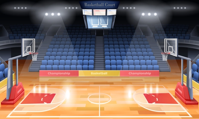 Modern basketball court interior with spotlights scoreboard and empty seats cartoon vector illustration