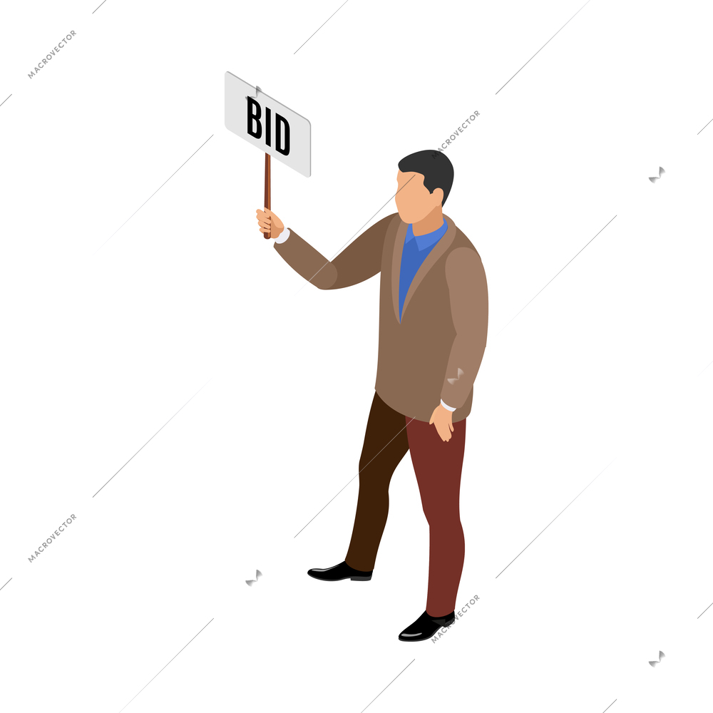 Auction isometric composition with isolated human character of bidding participant on blank background vector illustration