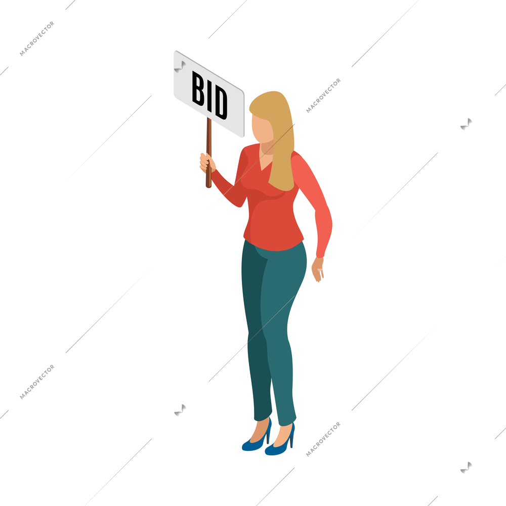 Auction isometric composition with isolated human character of bidding participant on blank background vector illustration