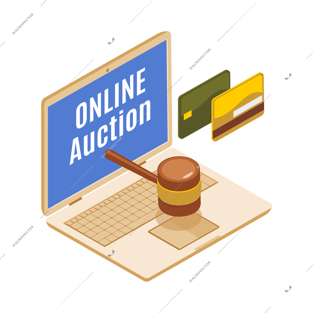 Auction isometric composition with isolated icons on blank background vector illustration
