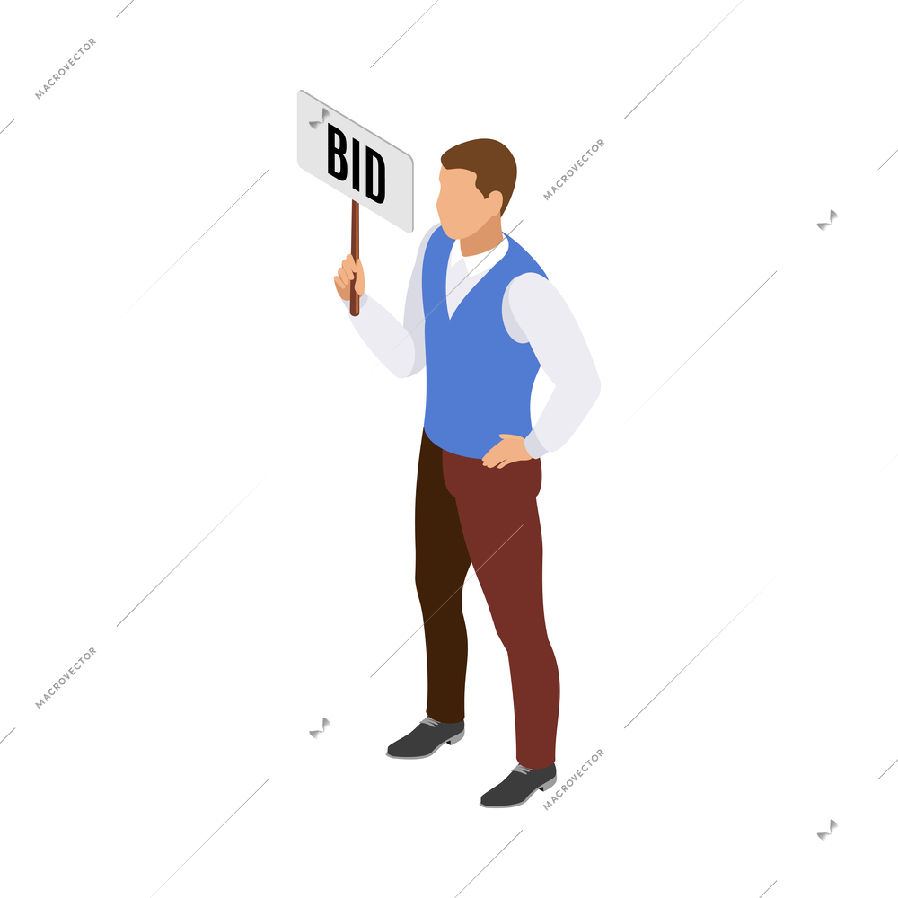 Auction isometric composition with isolated human character of bidding participant on blank background vector illustration