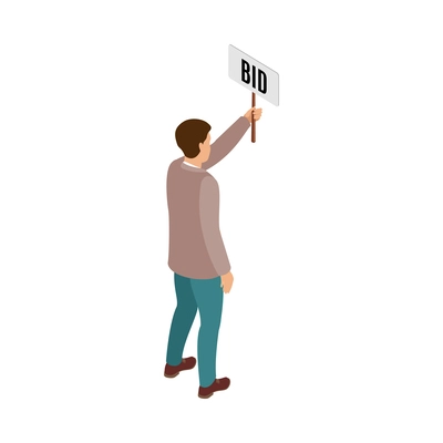 Auction isometric composition with isolated human character of bidding participant on blank background vector illustration