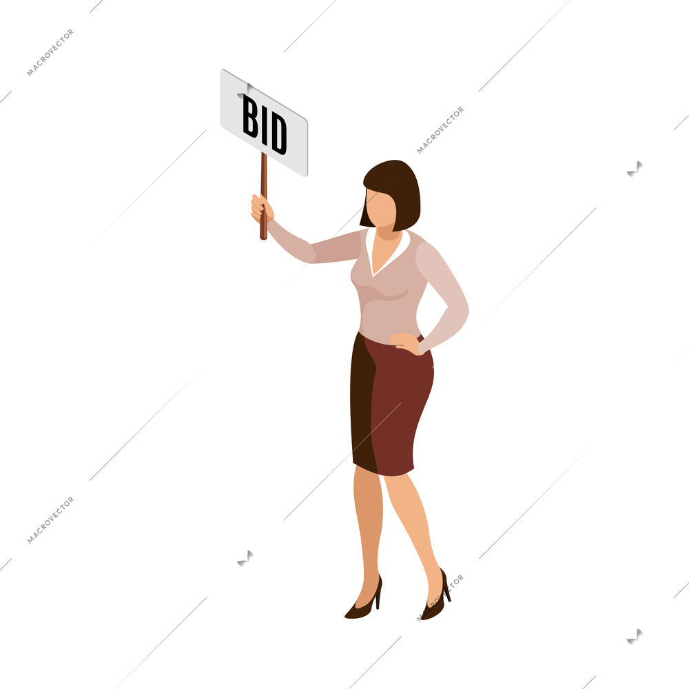 Auction isometric composition with isolated human character of bidding participant on blank background vector illustration