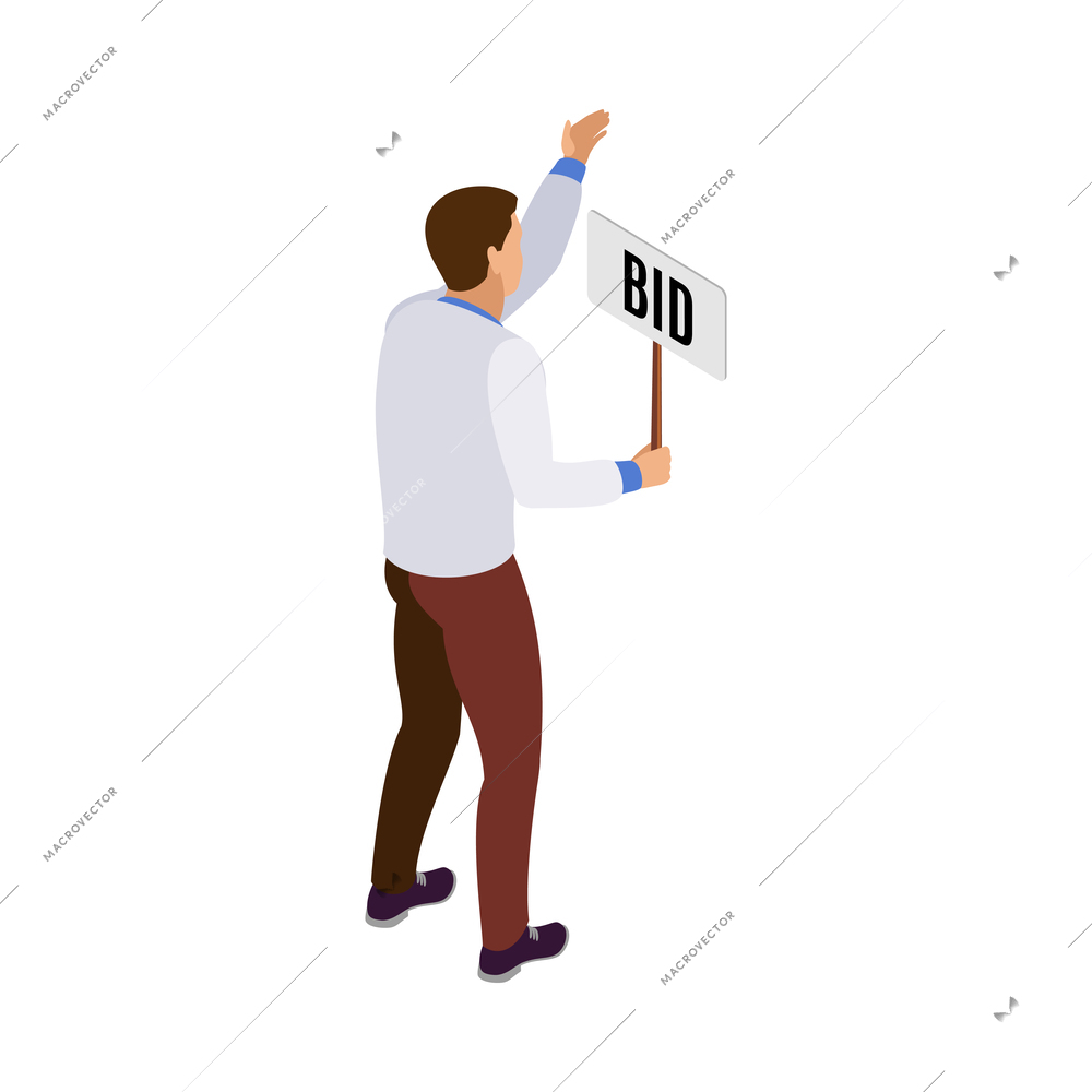 Auction isometric composition with isolated human character of bidding participant on blank background vector illustration