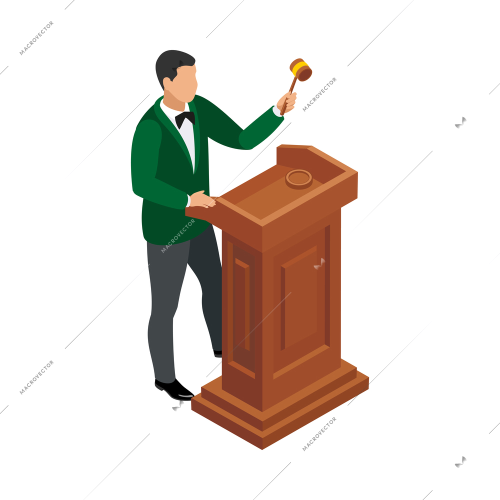 Auction isometric composition with isolated human character of auctioneer on blank background vector illustration