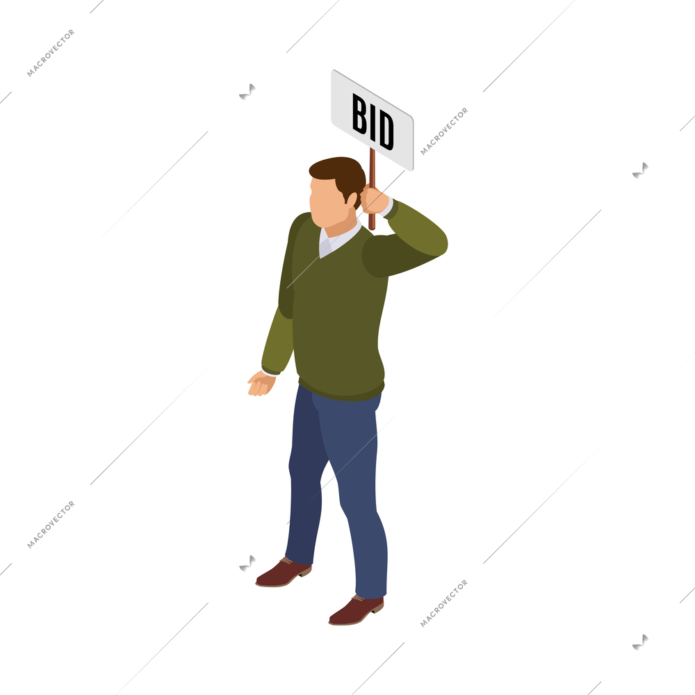 Auction isometric composition with isolated human character of bidding participant on blank background vector illustration