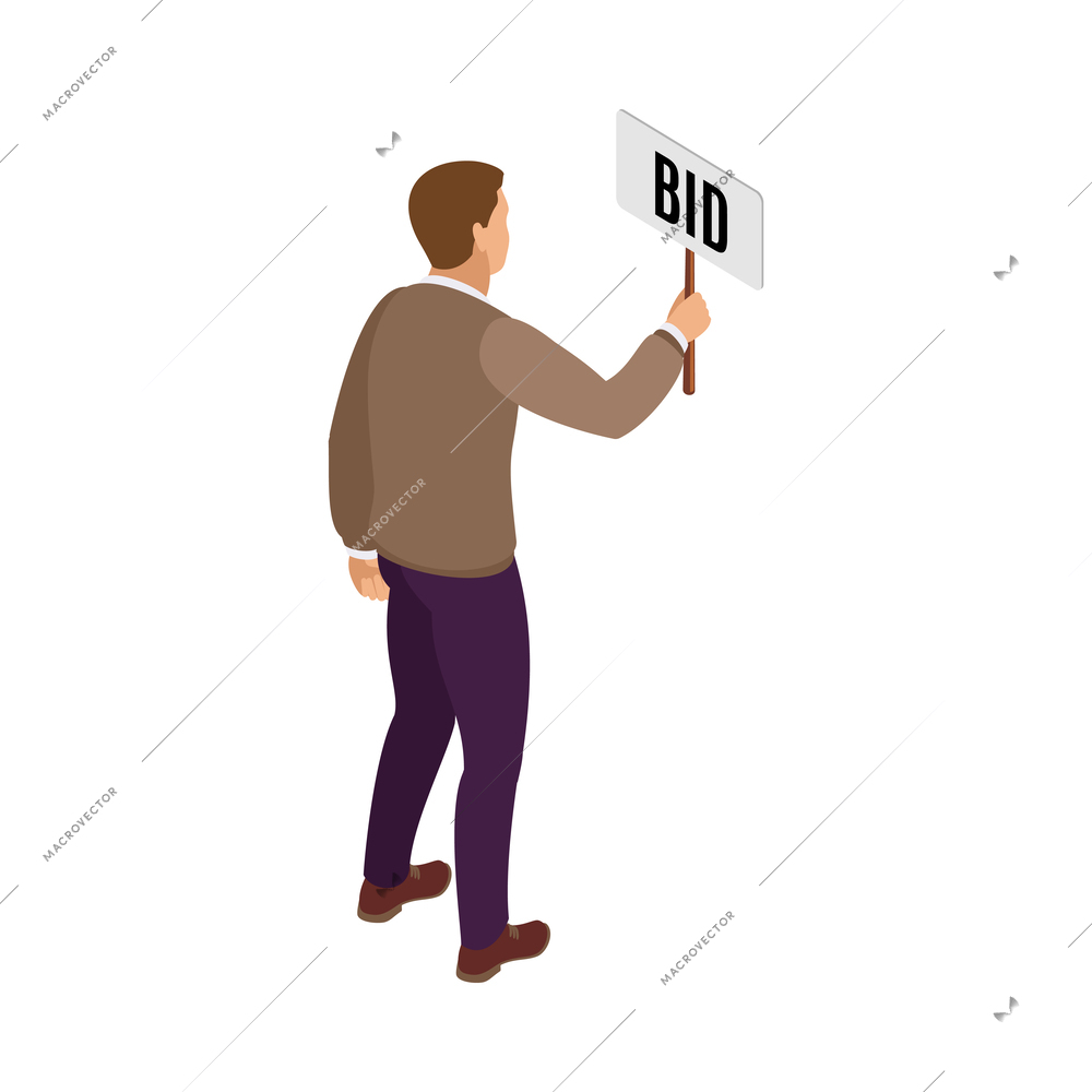 Auction isometric composition with isolated human character of bidding participant on blank background vector illustration