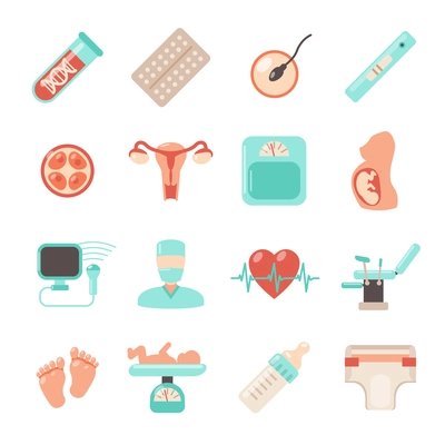 Pregnancy newborn icons set with parenthood women and child care isolated vector illustration