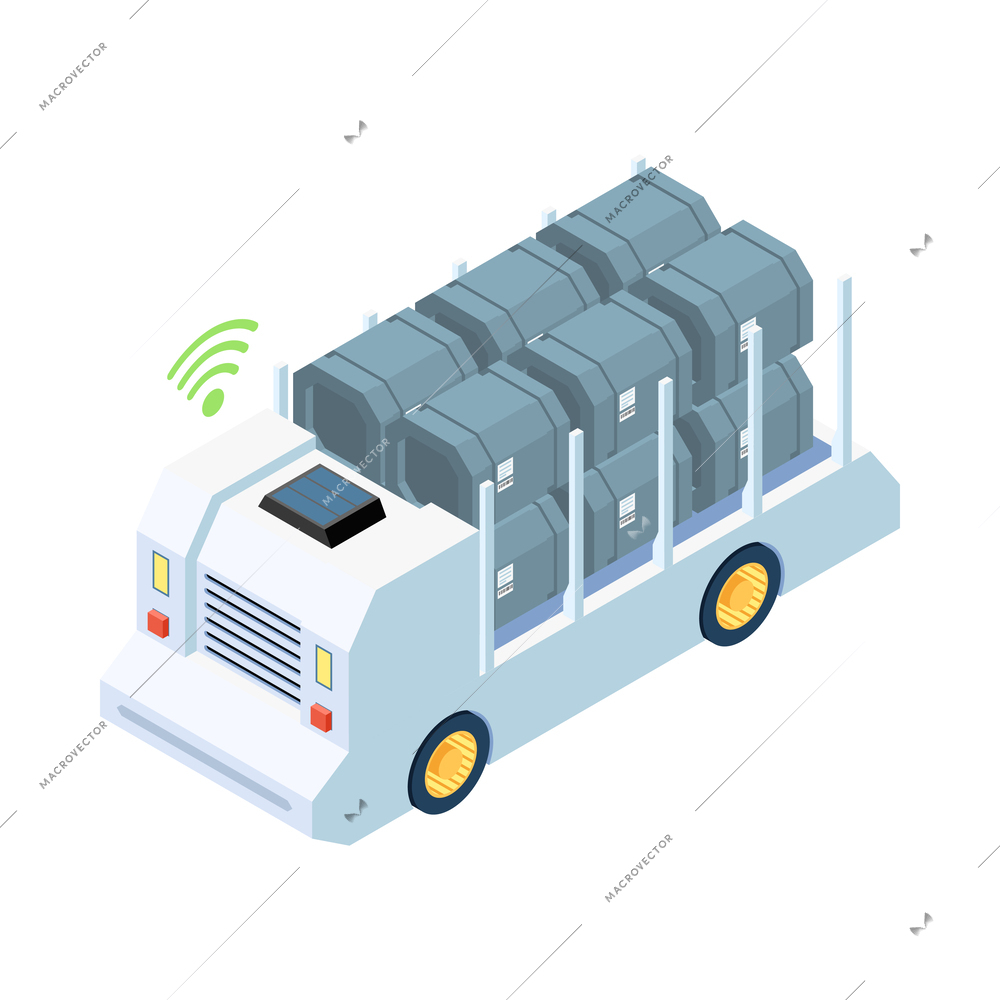 Autonomous car driverless vehicle robotic transport isometric composition with isolated image of futuristic carrier vehicle vector illustration