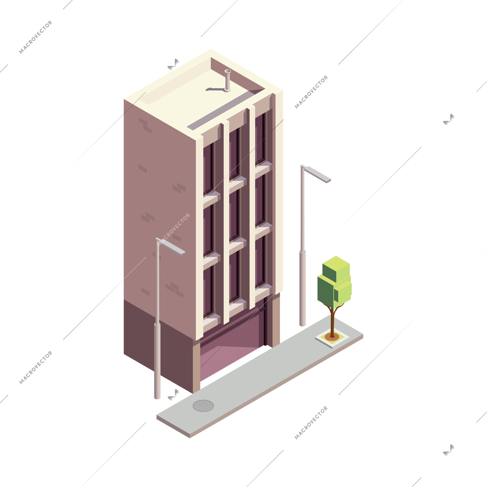 Townhouse building isometric composition with isolated colourful building with multiple storeys and modern architecture design vector illustration