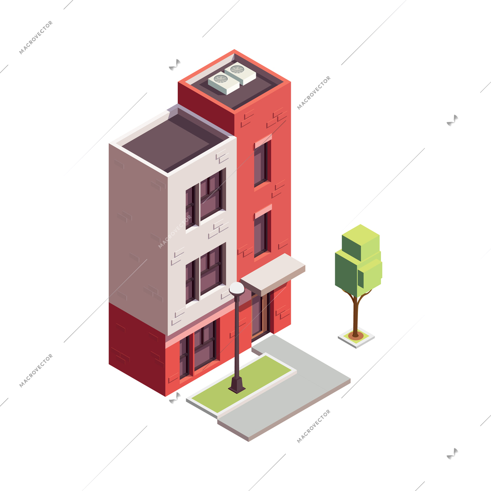 Townhouse building isometric composition with isolated colourful building with multiple storeys and modern architecture design vector illustration