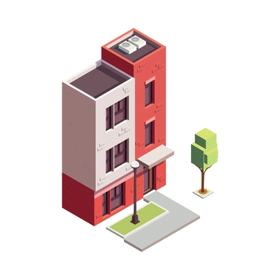 Townhouse building isometric composition with isolated colourful building with multiple storeys and modern architecture design vector illustration