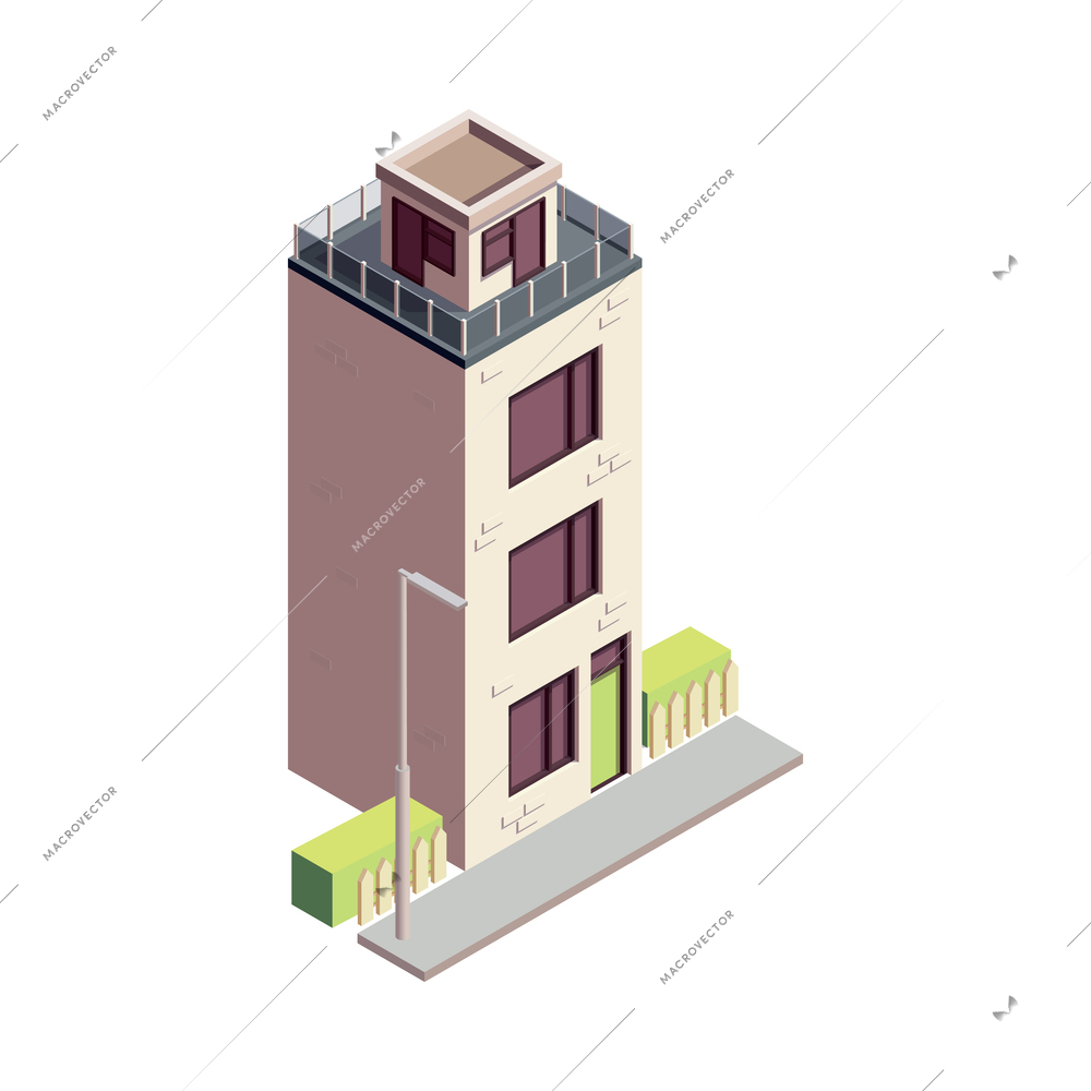 Townhouse building isometric composition with isolated colourful building with multiple storeys and modern architecture design vector illustration