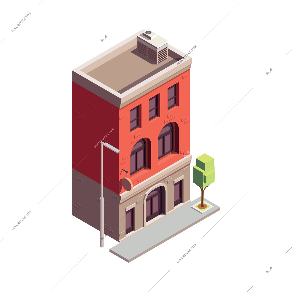 Townhouse building isometric composition with isolated colourful building with multiple storeys and modern architecture design vector illustration