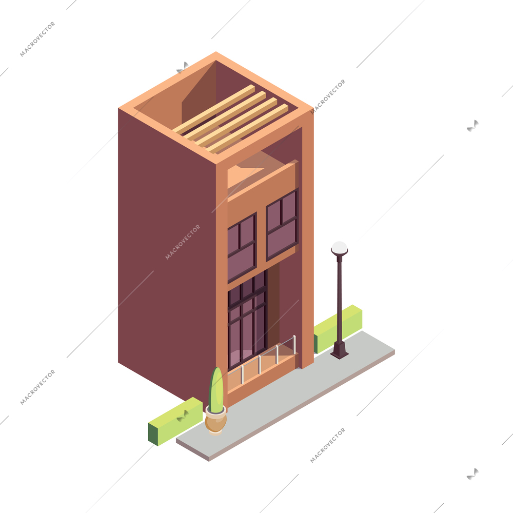 Townhouse building isometric composition with isolated colourful building with multiple storeys and modern architecture design vector illustration