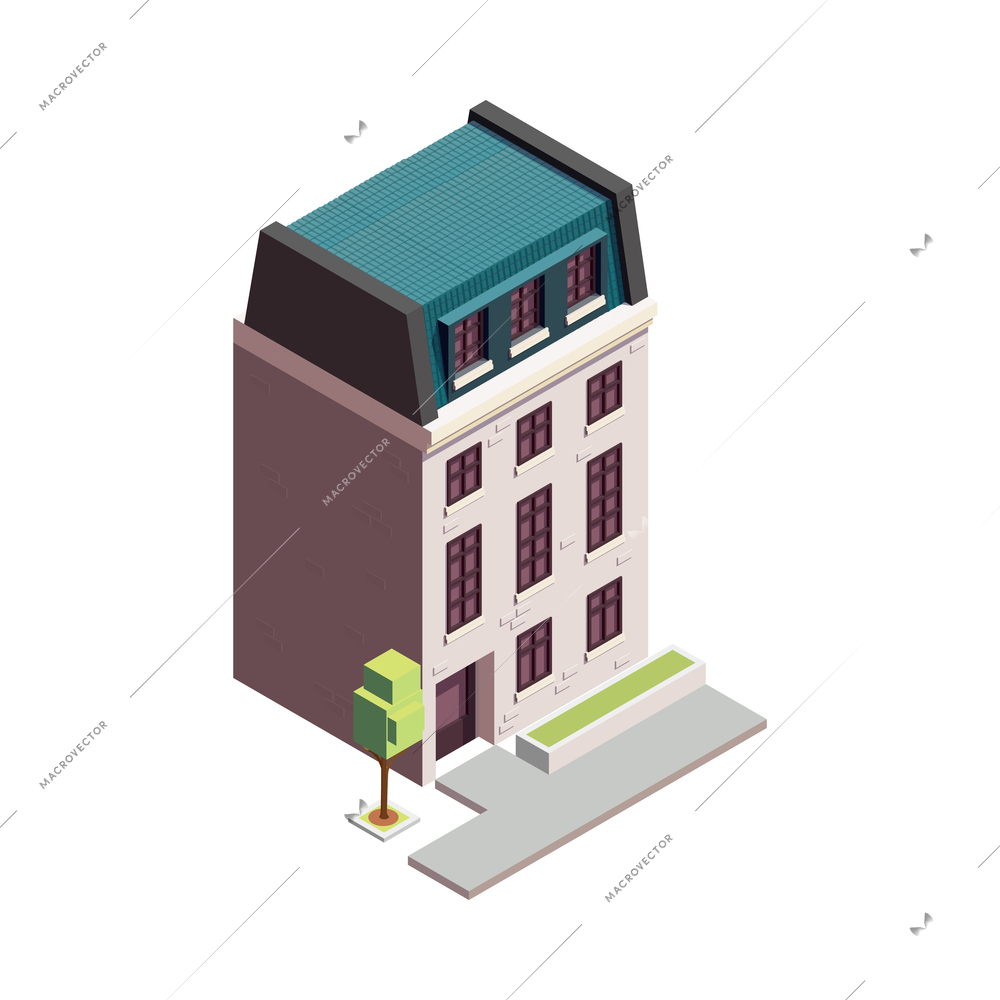 Townhouse building isometric composition with isolated colourful building with multiple storeys and modern architecture design vector illustration