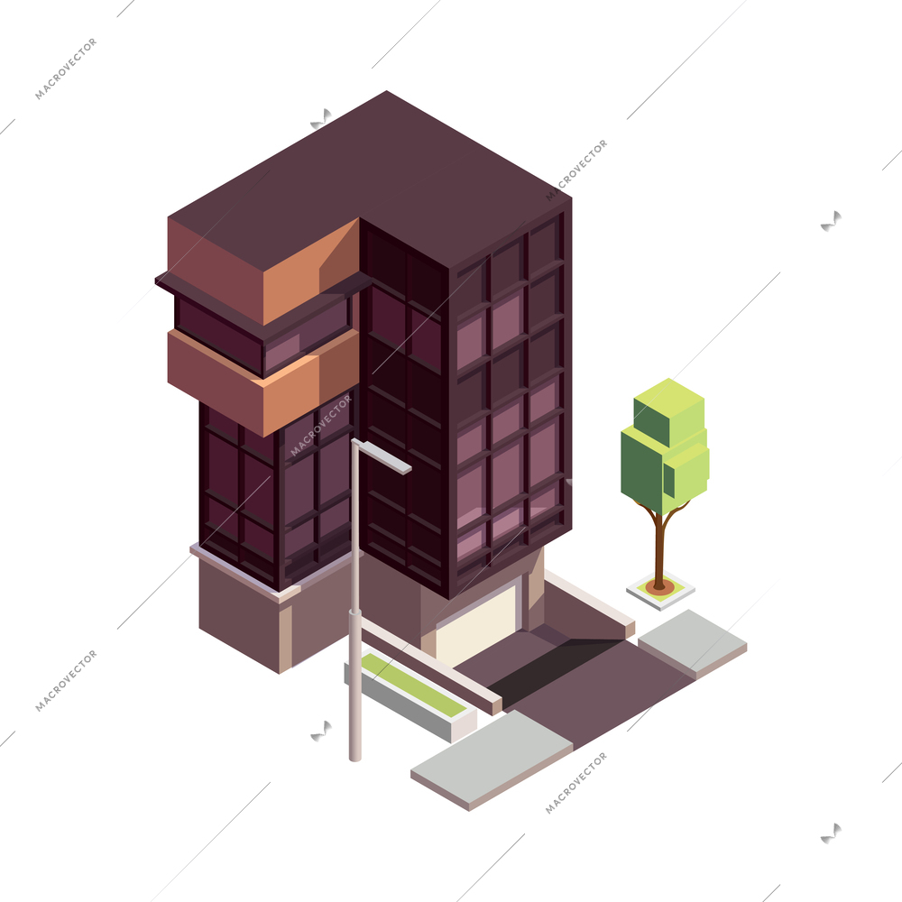 Townhouse building isometric composition with isolated colourful building with multiple storeys and modern architecture design vector illustration