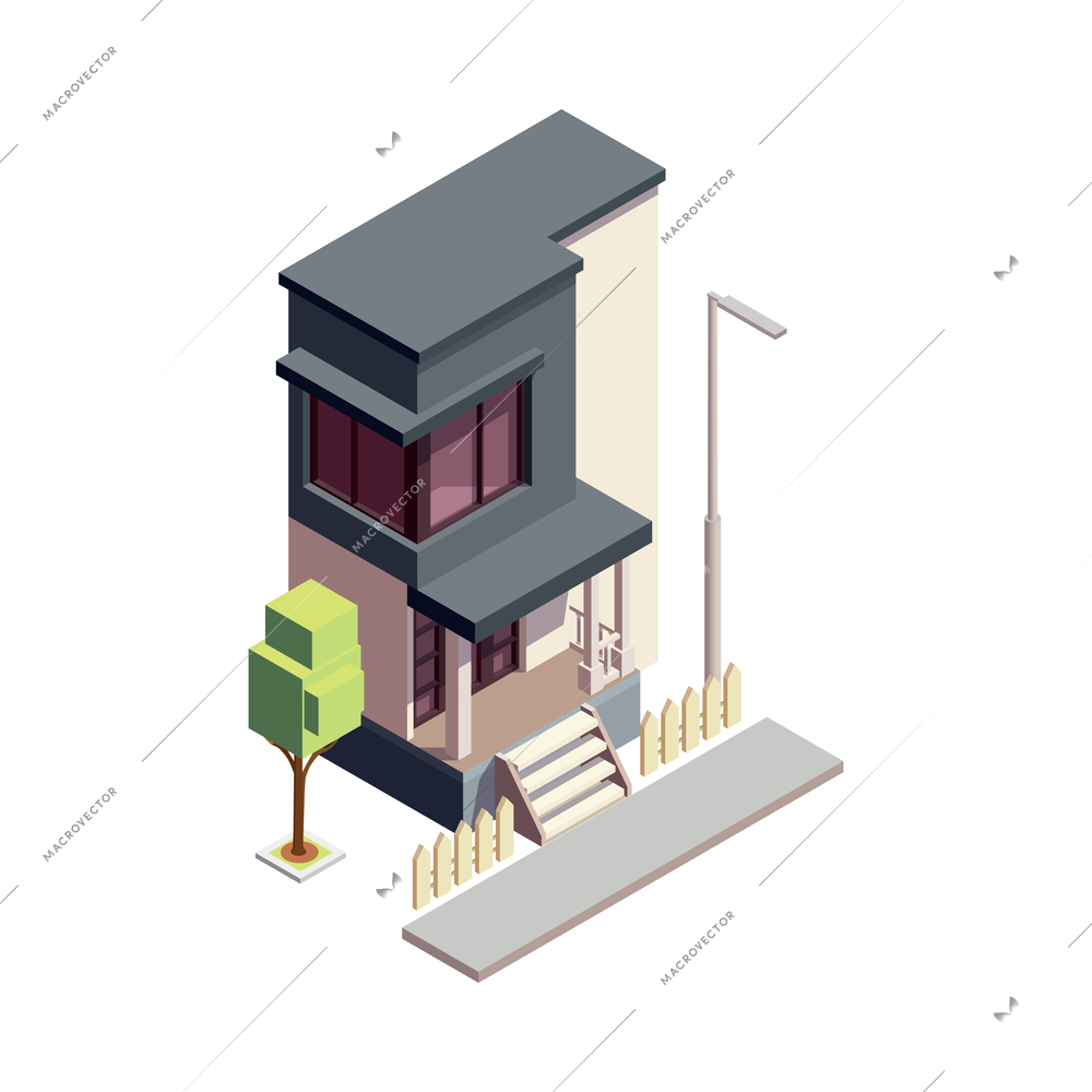 Townhouse building isometric composition with isolated colourful building with multiple storeys and modern architecture design vector illustration