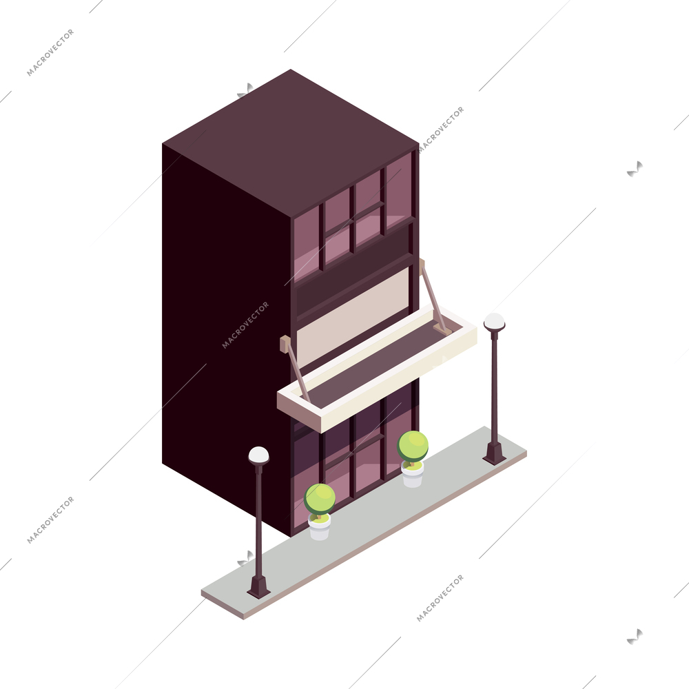 Townhouse building isometric composition with isolated colourful building with multiple storeys and modern architecture design vector illustration