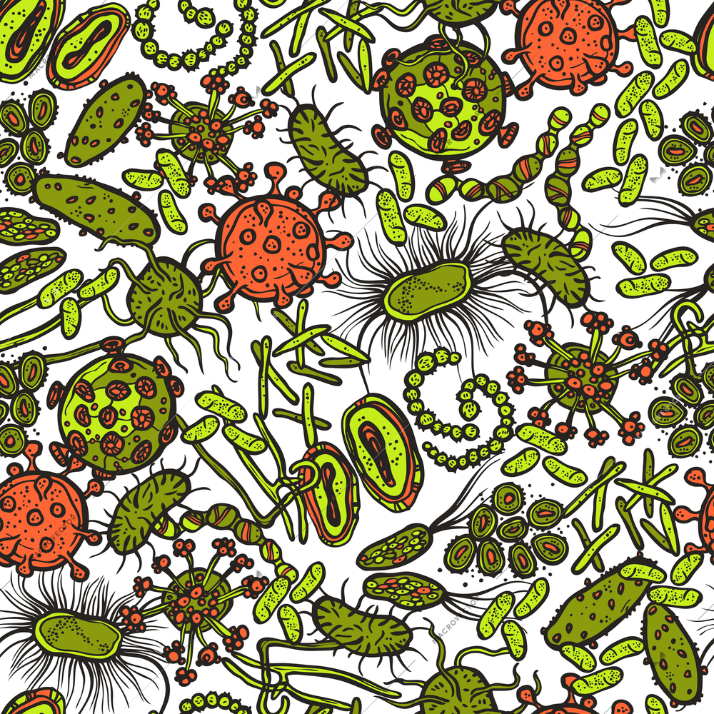 Bacteria micro organism and virus sketch seamless pattern vector illustration