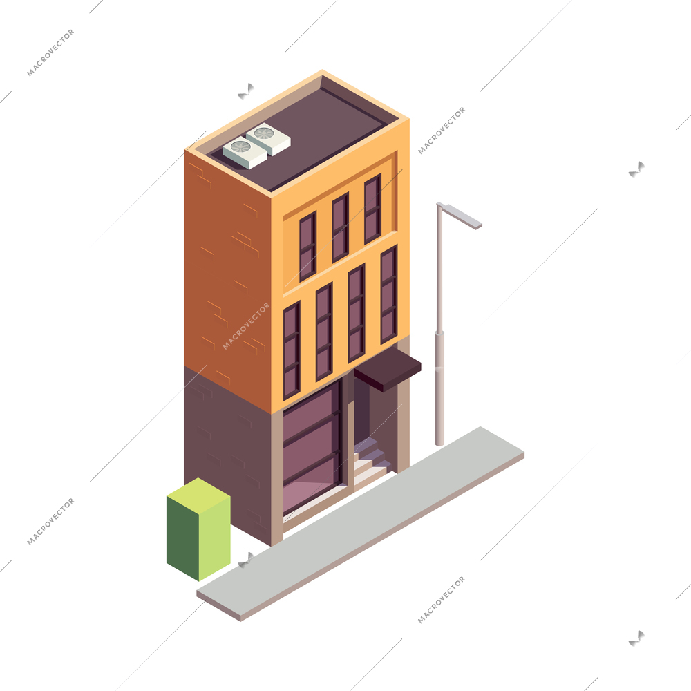 Townhouse building isometric composition with isolated colourful building with multiple storeys and modern architecture design vector illustration