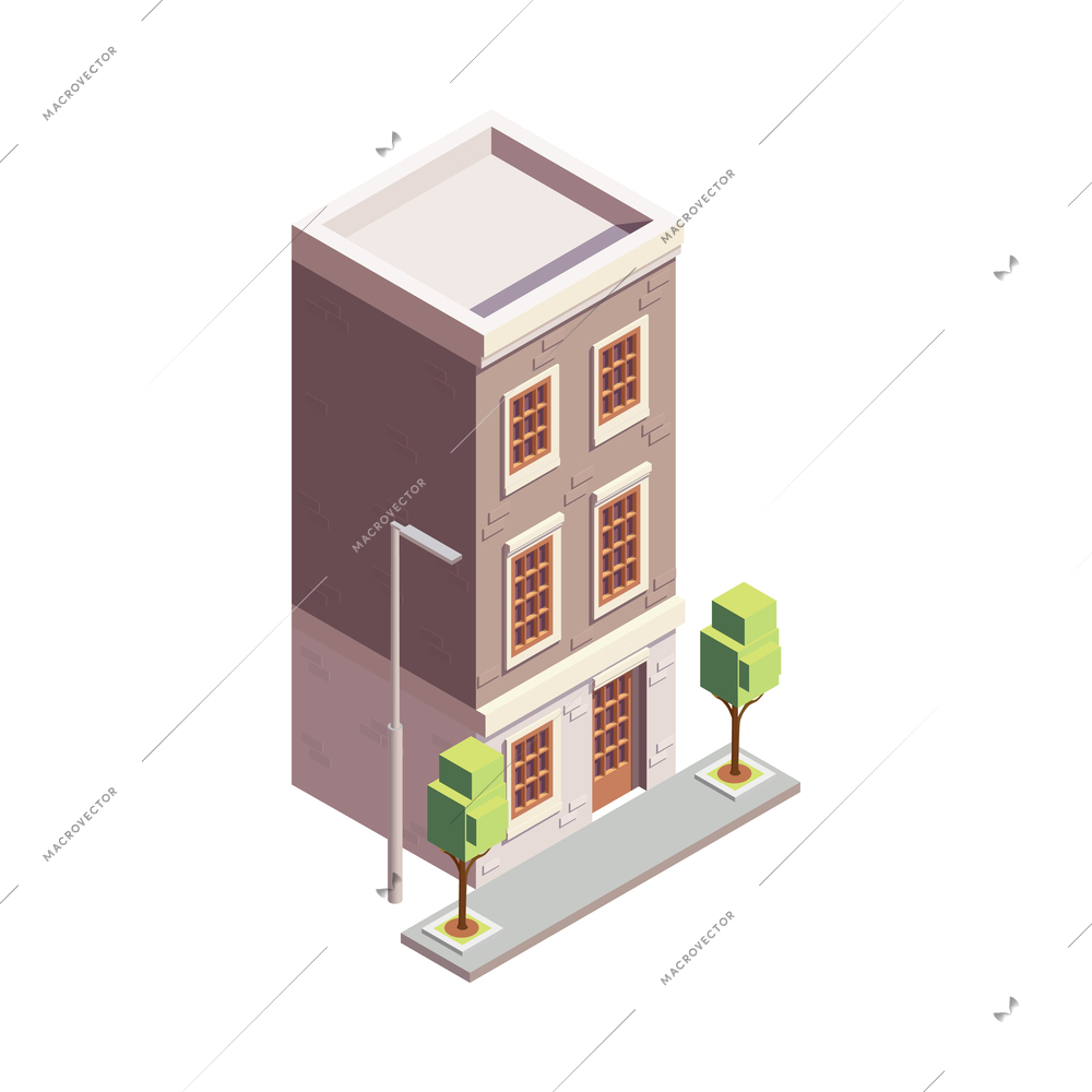 Townhouse building isometric composition with isolated colourful building with multiple storeys and modern architecture design vector illustration