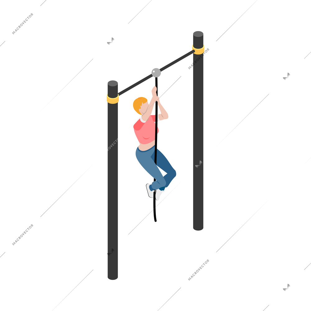 Street workout isometric composition with human character performing warm up exercise on sports equipment vector illustration