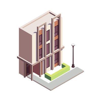 Townhouse building isometric composition with isolated colourful building with multiple storeys and modern architecture design vector illustration