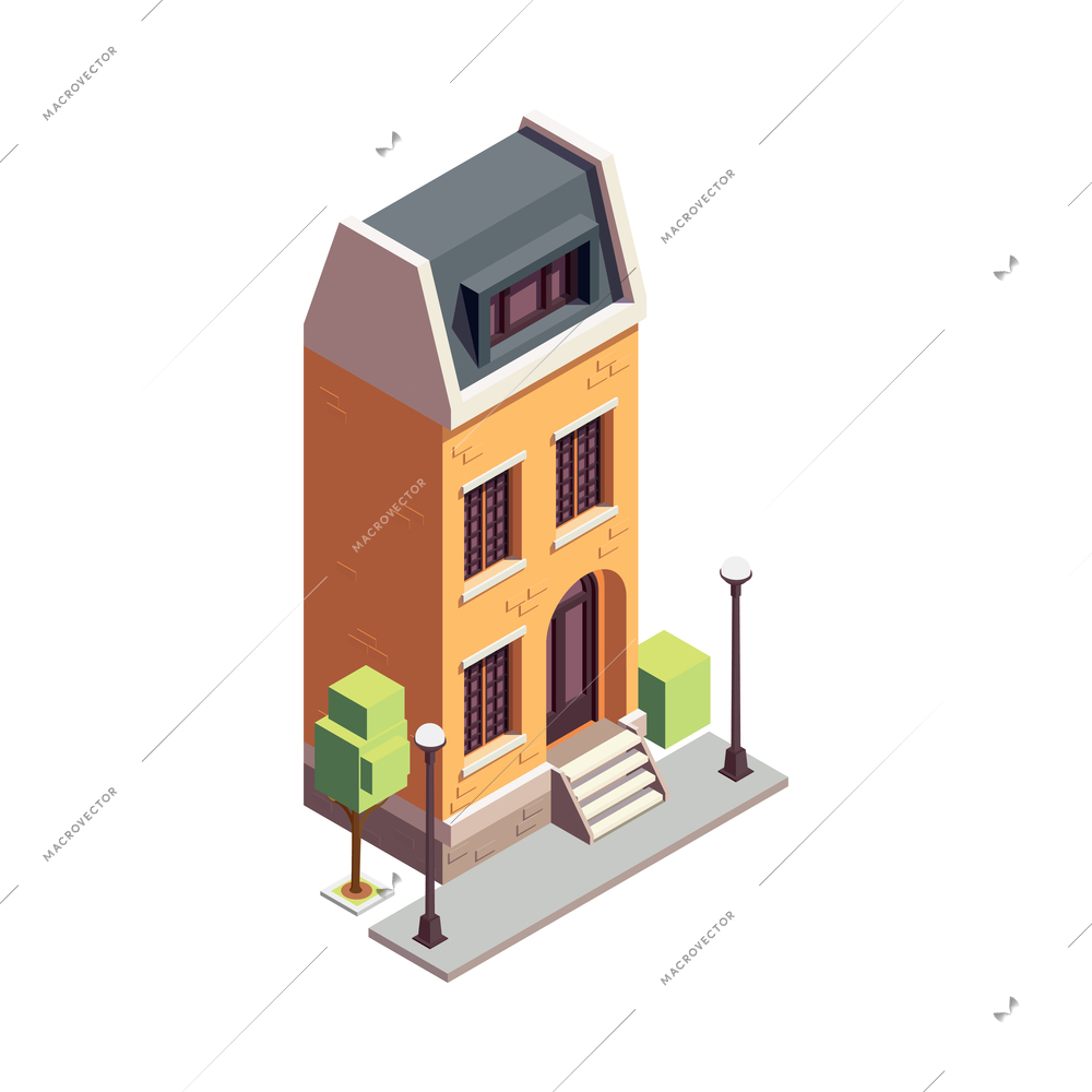 Townhouse building isometric composition with isolated colourful building with multiple storeys and modern architecture design vector illustration