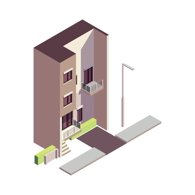 Townhouse building isometric composition with isolated colourful building with multiple storeys and modern architecture design vector illustration