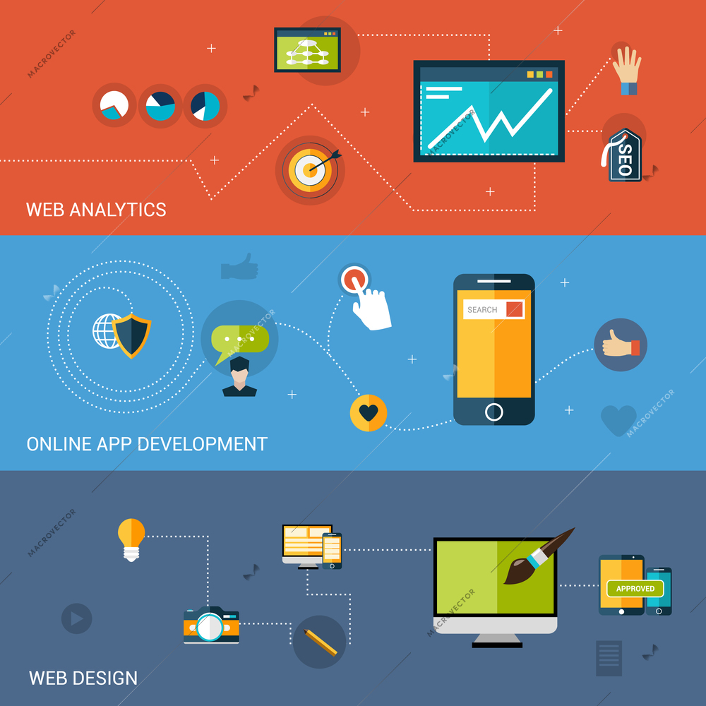 Web development banner set with analytics online apps design elements isolated vector illustration