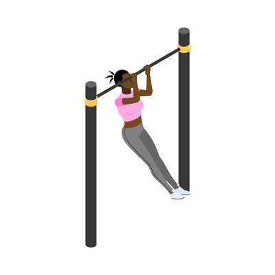 Street workout isometric composition with human character performing warm up exercise on sports equipment vector illustration