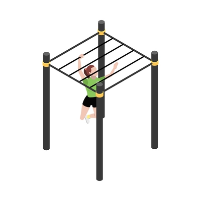 Street workout isometric composition with human character performing warm up exercise on sports equipment vector illustration