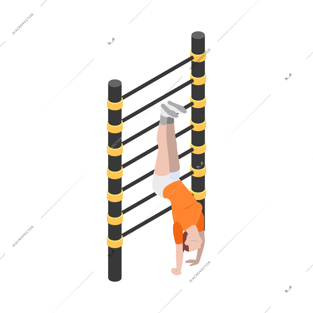 Street workout isometric composition with human character performing warm up exercise on sports equipment vector illustration