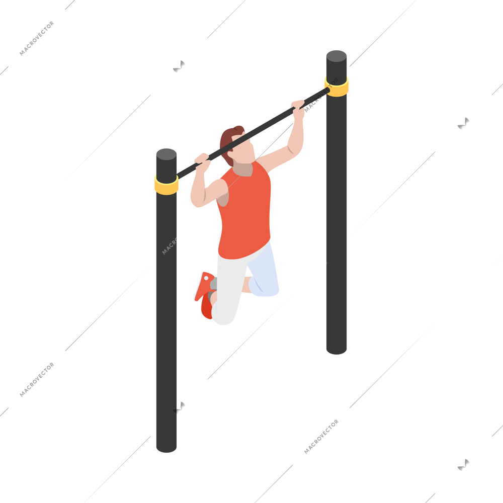 Street workout isometric composition with human character performing warm up exercise on sports equipment vector illustration