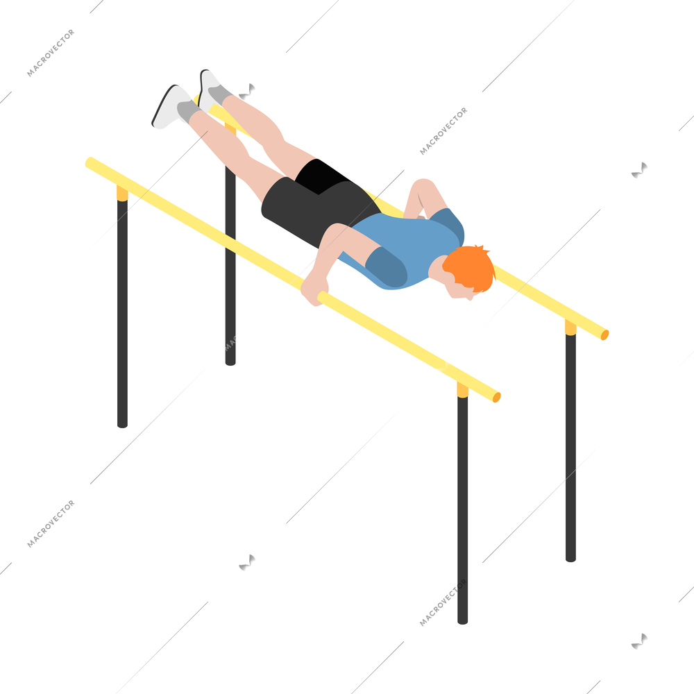 Street workout isometric composition with human character performing warm up exercise on sports equipment vector illustration